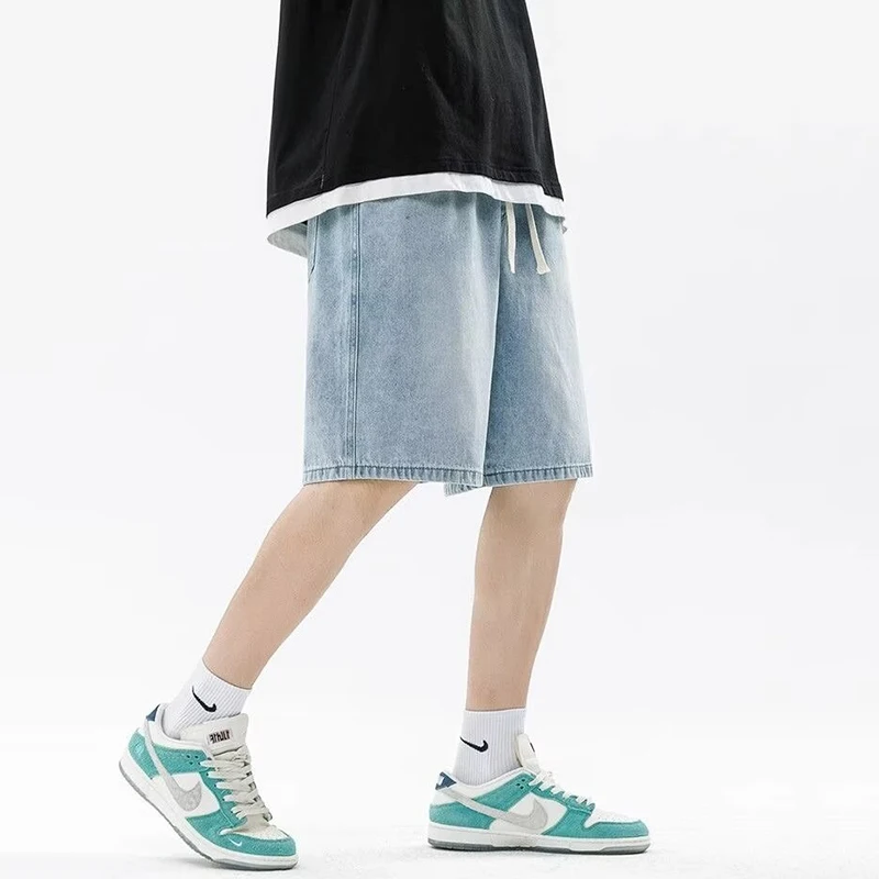 Men Casual Denim Shorts Male New Elastic Waist Straight Leg Comfortable Light Blue Soft Short Pants Baggy Wide Leg Jeans