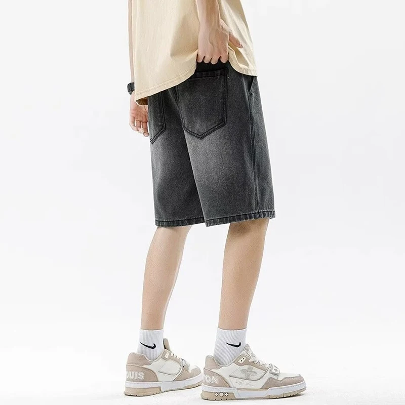 Men Casual Denim Shorts Male New Elastic Waist Straight Leg Comfortable Light Blue Soft Short Pants Baggy Wide Leg Jeans