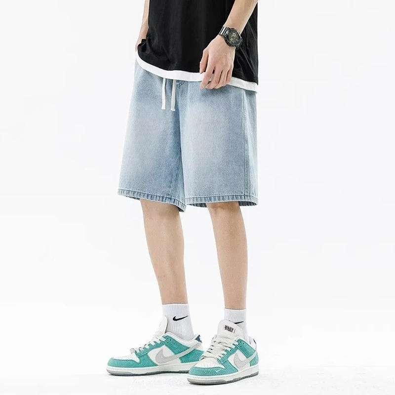Men Casual Denim Shorts Male New Elastic Waist Straight Leg Comfortable Light Blue Soft Short Pants Baggy Wide Leg Jeans