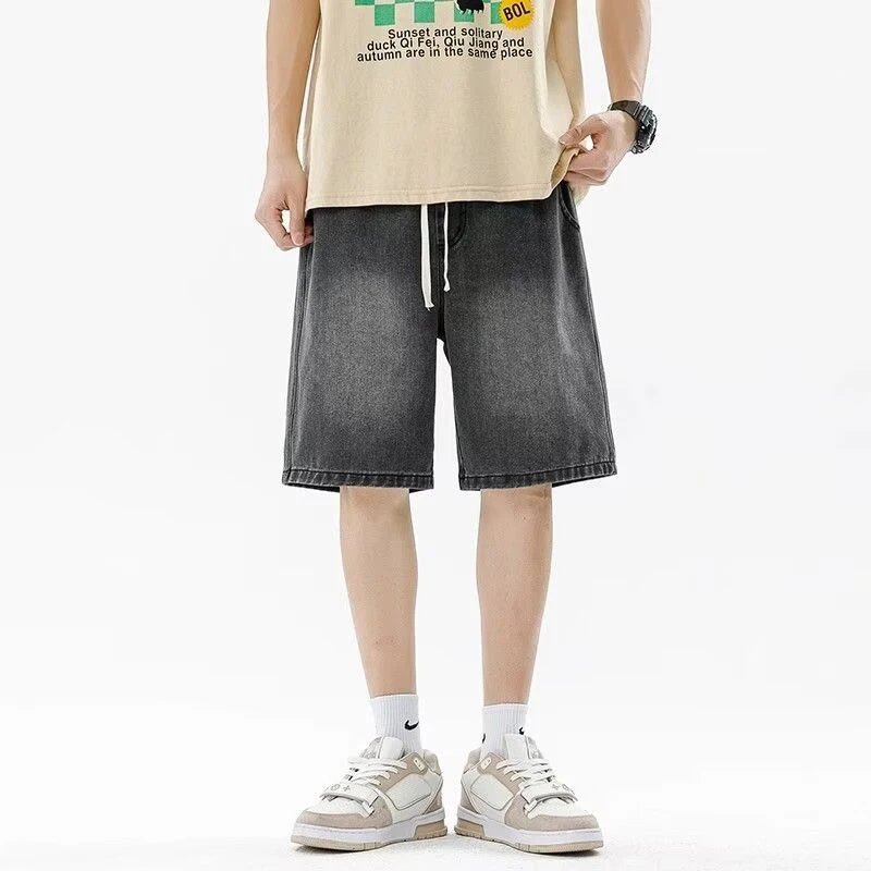 Men Casual Denim Shorts Male New Elastic Waist Straight Leg Comfortable Light Blue Soft Short Pants Baggy Wide Leg Jeans