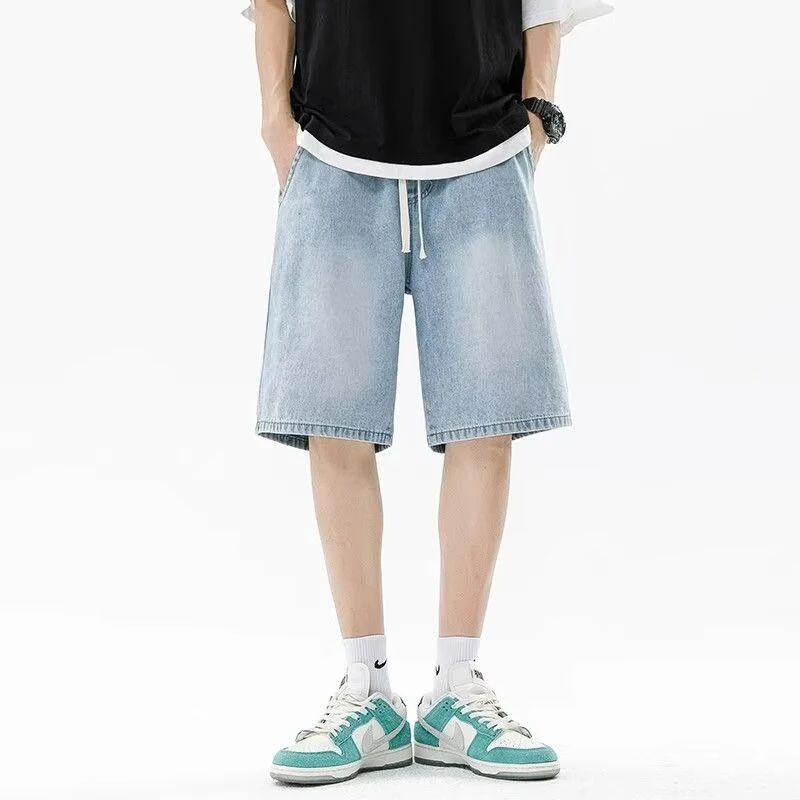 Men Casual Denim Shorts Male New Elastic Waist Straight Leg Comfortable Light Blue Soft Short Pants Baggy Wide Leg Jeans