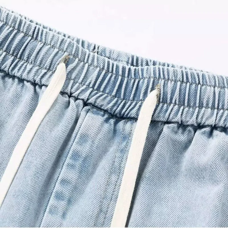 Men Casual Denim Shorts Male New Elastic Waist Straight Leg Comfortable Light Blue Soft Short Pants Baggy Wide Leg Jeans